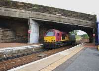 67008, running light engine from Mossend to Millerhill, passes under Station Road bridge on the last day of August 2016. Work to replace the bridge has now started, with the road due to close in September for 11 months. <br><br>[Colin McDonald 31/08/2016]