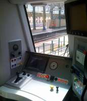 The Class 380 driver's cab mock up on display at Glasgow Central Station in May 2009.<br><br>[Colin McDonald 16/05/2009]