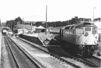 Photograph taken from a train on the southern approach to Lairg station in the 1960s. A southbound service is waiting to cross, while on the right a type 2 is reversing tanks into the oil depot.<br><br>[Dougie Squance (Courtesy Bruce McCartney) //]