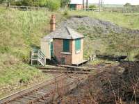 The flat crossing and box at Marley Hill on 9 May 2006. Running left to right across the picture is the Tanfield Railway, while the truncated line once formed part of the Bowes Railway.<br><br>[John Furnevel 09/05/2006]