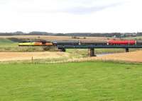 The 0832 Dalston - Grangemouth empties crossing Float Viaduct on 31 August 2016 behind Colas Rail 60087.  <br><br>[John Furnevel 31/08/2016]