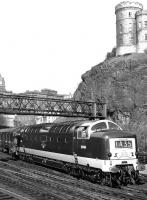 Deltic D9006 <I>The Fife and Forfar Yeomanry</I> photographed leaving Waverley in the 1960s at the head of 'The Flying Scotsman'.<br><br>[Dougie Squance (Courtesy Bruce McCartney) //]
