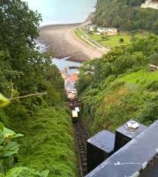 It's a long way down. Looking over the 45-degree inclined track from the upper town to the lower at Lynton, with two cars crossing.<br><br>[Ken Strachan 28/08/2016]