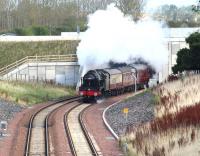 Ex-LMS 4-6-0 46100 <I>Royal Scot</I> emerging from below the Edinburgh City Bypass on 25 September 2016 with the 0946 Edinburgh Waverley - Tweedbank <I>'Borders Line Steam Special'</I>. The train is approaching the end of the double track section at Kings Gate points immediately below the camera. This was the last day of Sunday steam specials for the 2016 season. <br><br>[John Furnevel 25/09/2016]
