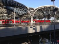 The wonderful architecture of Koln station with a striking double decked red train setting off this view.<br><br>[Veronica Clibbery 25/09/2016]