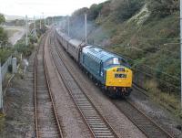 Class 40 No. 345 hauled an unadvertised excursion for the CFPS from Carnforth to Bury via Buxton on 300916. The gleaming blue machine is seen here passing Hest Bank on the first leg of the trip. <br><br>[Mark Bartlett 30/09/2016]