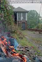 Last days of Milngavie signalbox in 1990. All the rubbish and various documents were disposed of. View looks south. Access by kind permission of British Rail.<br><br>[Ewan Crawford //1990]