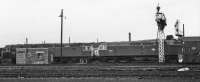 Inverness shed sidings, 47001 and 47210 both at rest. 04 March 1979.<br><br>[Peter Todd 04/03/1979]