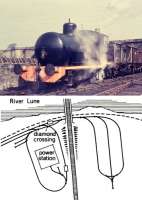 Barclay 0-6-0F <I>Lancaster</I> 1572/1917 seen in steam at Lancaster Power Station. The diagram shows the track layout between 1966, when the Lancaster to Wennington railway closed (shown as a dotted line), and 1981 when the power station itself closed. The Lancaster Canal embankment and Lune Aqueduct bisect the location.  <br><br>[David Hindle //]