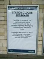If you choose to rely on the analogue clocks at the station it's permanently 1200 hours in Arbroath. It would be very cheap of me say that it's also permanently 1969 in Arbroath, so I won't. <br><br>[David Panton 19/10/2016]