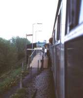 Approaching the very short platform at Dilton Marsh in May 1985 with a passenger alighting from the train whilst it was still in motion. In fact his feet were still dangling above the platform ramp and he was very lucky not to have injured himself or the other person on the platform. <br><br>[John McIntyre /05/1985]