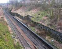 The remains of Craiglockhart station (closed September 1962) on the Edinburgh suburban line, seen on 23 February 2002. View is south east from Colinton Road looking towards Morningside Road.   <br><br>[John Furnevel 23/02/2002]