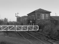 Cambus Junction signalbox looking east.  Trains for Menstrie continued to Alloa New Yard for loco rounding. The box closed on the 20th of December 1987.<br><br>[Bill Roberton //1987]
