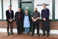Rannoch photocall for comfort toilet scheme. In this Perth & Kinross Council photo here are Cllr Mike Williamson (purple tie), John Yellowlees, Jenny Anderson, Scott (black top) from the Moor of Rannoch Hotel and Bill Anderson (blue top) of the Rannoch Station Tearoom.<br><br>[John Yellowlees /11/2016]