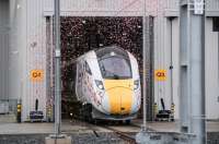 Hitachi Rail Europe celebrates the first Intercity Express (IEP) train to be built in the UK at its manufacturing facility in Newton Aycliffe, County Durham.<br><br>
Courtesy Hitachi Rail Europe.<br><br>[Hitachi Rail Europe 09/12/2016]
