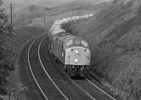 On Saturday 27th May 1972, I spent most of the day in the Enterkinfoot/Carronbridge area on the G&SW main line, which was busy with diverted WCML trains, the Annandale route being closed, at least during the day, while electrification works were carried out. In the early afternoon, an EE Type 4 approaches the overbridge just north of Drumlanrig Tunnel carrying the minor road between the A76 at Enterkinfoot and the A702. The train is probably 4M31 (the correct discs are being displayed for a class 4 train), the 11:10 SO from Johnstone to either Manchester or Garforth. Unfortunately, my notes for the day have not surfaced so I cannot be certain of the loco's identity, but it might be No. 297 which belonged to the LMR's Preston Division (in effect Carlisle Diesel Depot) at that time. The loco looks as if it has been through works very recently and has had the gangway doors plated over, so I'm hopeful that a class 40 aficionado out there will be able to make a positive identification.<br><br>[Bill Jamieson 27/05/1972]