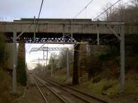 The current overbridge carrying Muirhead Road over the recently electrified R & C at Baillieston. Test borings have been carried out in preparation for a planned replacement. <br><br>[Colin McDonald 21/12/2016]