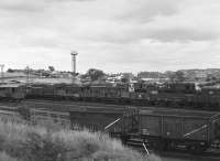 Looking south over Townhill yard and depot with class 20s, 08s and an 06 in residence.  (Along with Thornton that was two well-patronised depots within a few miles of each other; now there's nothing ... no locos, no freight traffic.)<br><br>[Bill Roberton //1980]