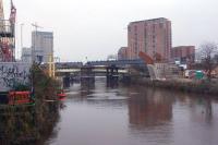 Looking south along the River Irwell on 10 January 2017, with the new bridge over the river for the Ordsall Chord in the middle distance.<br><br>[John McIntyre 10/01/2017]