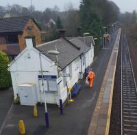 The diminutive station building at Thorntonhall, viewed from the road bridge. Thorntonhall is served by only alternate trains.<br><br>[John Yellowlees 10/01/2017]
