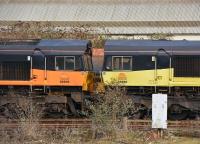 66846 and 66850 'dead' in the nearby sidings. Colas Rail.<br><br>[Peter Todd 11/01/2017]
