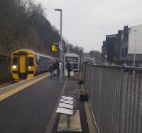 Edinburgh bound service draws to a halt at Galashiels, which was looking smart and busy.<br><br>[John Yellowlees 22/01/2017]