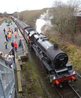 The 'Buxton Spa Express' stops at Denton on 25 February 2017 to take water, or at least the loco, 45690 <I>Leander</I> does. Denton has only one passenger train a week, the 0922 Stockport to Stalybridge on a Friday and nothing in the opposite direction!<br><br>[John McIntyre 25/02/2017]