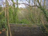 View south east over the safety parapet built across the solum at the remaining abutment of the Calderpark viaduct. The photograph looks over the North Calder Water, along the line taken by the viaduct and towards Maryville station. Hidden in the trees but just discernible in the gap, slightly left of centre, are the stables since built on the alignment of the railway.<br><br>[Colin McDonald 20/02/2017]