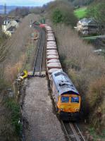 GBRf 66736 draws a ballast train past the lifted Up line on the approach to Inverkeithing Tunnel.<br><br>[Bill Roberton 12/03/2017]