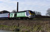 HST 43126, passing Crofton, in the 'Bristol Green City' colours. West bound trailing power car.<br><br>[Peter Todd 07/03/2017]