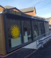 'Active Travel Hub' at Ayr. This converted shipping container run by the Ayrshire Roads Alliance is just outside Ayr Station.<br><br>[John Yellowlees 27/03/2017]