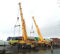 Brand new Colas Rail 70813 being slowly lifted by two cranes at Liverpool's Seaforth container terminal on 30 March 2017.<br><br>[Michael Butterworth 30/03/2017]
