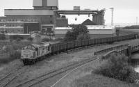 37696 leaves Methil Power Station with empties.  The line to the right led to the docks.<br><br>[Bill Roberton //1992]