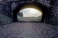 Looking north from under the unclassified road to the south of Hassendean station in 1974.<br><br>[Jim Scott //1974]