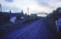 Looking south, in failing light, from the track bed to Belses station in 1974.<br><br>[Jim Scott //1974]