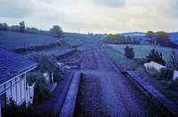 View south in failing light from the footbridge at Belses in 1974. For a similar view, in happier times, [see image 31873].<br><br>[Jim Scott //1974]