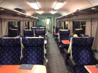Interior view of the Buffet Open First type lounge car on the Caledonian Sleeper. These are Mk2f coaches built in the early 1970s and converted about 15 years later. Unlike the other lounge cars, these have normal fixed seating facing toward or away from the direction of travel. New Caledonian Sleeper rolling stock is due to be introduced in 2018.<br><br>[Colin McDonald 05/04/2017]