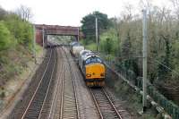 DRS 37218 hauls two flasks and 37609 from Heysham to Sellafield on 5th April 2017. The train is on the chord from Bare Lane to Hest Bank, running alongside the electrified main lines towards the junction at the level crossing.  <br><br>[Mark Bartlett 05/04/2017]