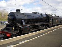 Black 5 45212 (with 37518 leading and Black 5 45407 following) heads the  Jacobite on an empty carriage movement from Carnforth to Fort William. The route included the Argyle line through Central Low level which must have caused some surprise to waiting passengers.<br><br>[Colin McDonald 10/04/2017]