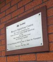 The plaque on Banavie Signalling Centre, celebrating its opening in 1988.<br><br>[John Yellowlees 02/04/2017]