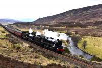 A welcome return of steam on the Highland Main Line ,Black 5 No.45212 and<br>
K1 No.62005 are pictured north of Dalwhinnie with <i>The Great Britain X </i>. There is no headboard on the lead locomotive.<br><br>[John Gray 01/05/2017]