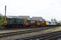 The GCR held a Gala day over this weekend, specialising in freight trains mixed in with the usual passenger workings. The locos took turns to work either type of train.<br>
<br>
Here is a  collection of 08s, there was a total of 5 in the yard. On view 08683, 08480 & 13101 seen at Loughborough Station.<br><br>[Peter Todd 06/05/2017]