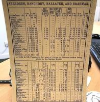 Old timetable for the Deeside line retained by staff in the estate office at the former Dinnet station. Note the first train from Aberdeen at 8.5am covers the 41 miles to Ballater in 1 hour 40 minutes, arriving at 9.45am. Note also the motor coach connection times for the additional 16 miles to Braemar! [See image 40737] <br><br>[Andy Furnevel 20/04/2017]