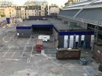 The buildings to the east side of the station fenced off while demolition work is in progress.<br><br>[Colin McDonald 08/05/2017]