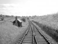 The headshunt at Greenlaw looking east towards Duns, seen from the cab of the locomotive recently arrived with the last branch freight from St Boswells on 16 July 1965. For the same view 47 years later [see image 40876].<br><br>[Bruce McCartney 16/07/1965]