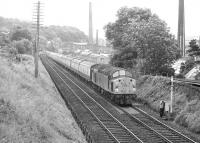 Hold up at Galashiels on 26 June 1968, two days into an NUR/ASLEF extended 'work to rule'. The train is described as the 'Night Limited' on its way from London to Glasgow behind an unidentified EE Type 4 locomotive. [See image 31274]<br><br>[Dougie Squance (Courtesy Bruce McCartney) 26/06/1968]