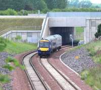 A southbound train on the Borders Railway emerges from below the Edinburgh City Bypass and approaches Kings Gate Points on 28 May 2017.<br><br>[John Furnevel 28/05/2017]