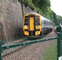 158728 runs north alongside Ladhope Vale shortly after leaving the platform at Galashiels on 16 June 2017. The train is the ScotRail 1029 Tweedbank - Edinburgh Waverley.<br><br>[John Furnevel 16/06/2017]