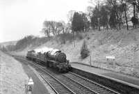 Kingmoor Black 5 no 44767 northbound through Stobs on 11 April 1967 hauling BR Hunslet class 05 0-6-0DM shunters D2608, D2617 and D2593. The combination was en route from Bradford Hammerton Street to Edinburgh Haymarket [see image 45108].<br><br>[Bruce McCartney 11/04/1967]