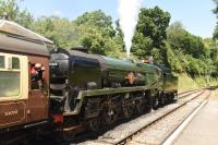 35006 <I>Peninsular & Oriental S. N. Co</I>, a Rebuilt Bullied Merchant Navy 4-6-2, waits to leave Medstead & Four Marks station during the Mid-Hants gala marking the fiftieth anniversary of the end of Southern steam. 2nd July 2017<br><br>[Peter Todd 02/07/2017]